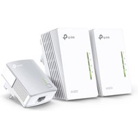 White TP-Link Powerline 600 Wi-Fi kit with three units, LED indicators, and Ethernet ports.