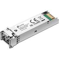 TP-Link SFP 1000BASE-SX LC MiniGBIC module, silver casing, fiber optic connectors, and gold contact pins