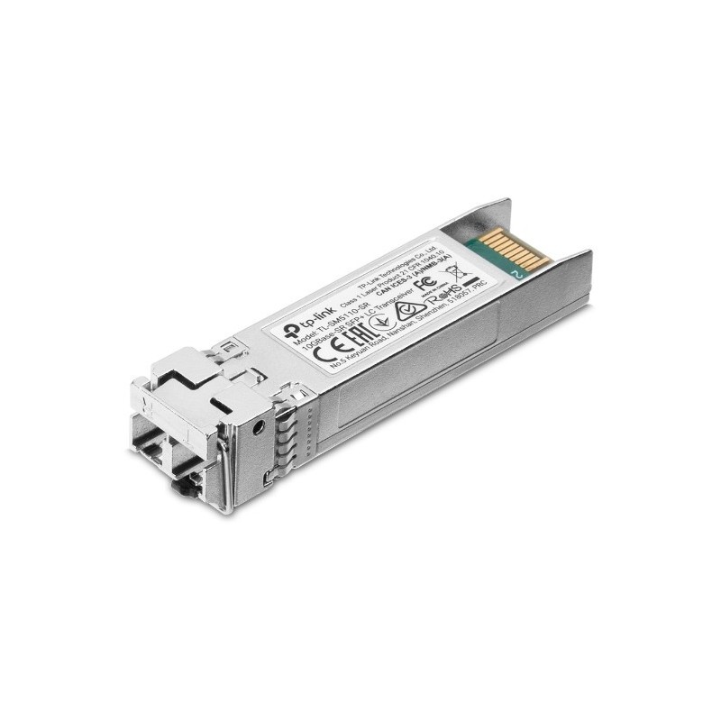 TP-Link SM6110-SR network transceiver module in silver metal casing, featuring a connector port and labeled with technical specifications for fiber optic connectivity at 10000 Mbit/s.