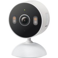 White TP-Link Tapo security camera with black circular face, lens, and LED indicators on a round base.