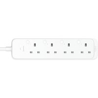 White TP-Link Tapo P304M power extension with 4 AC outlets, 1.5m cord, rectangular design, and subtle branding.