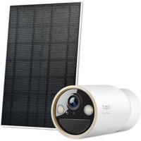 White TP-Link Tapo security camera with solar panel, featuring a lens, sensors, and sleek cylindrical design.