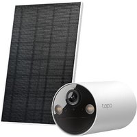 White TP-Link Tapo security camera with black lens, paired with a rectangular black solar panel.