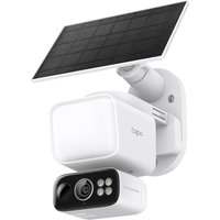 White TP-Link TC50 KIT outdoor turret IP security camera with solar panel and LED lights.