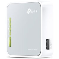 White TP-Link TL-MR3020 wireless router with green LED indicators and USB port on the side.