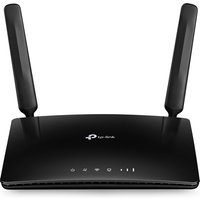 Black TP-Link TL-MR6400 wireless router with two antennas and LED indicators on the front panel.