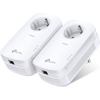 White TP-Link PowerLine adapters with Ethernet port, pass-through socket, and LED indicators on the front.