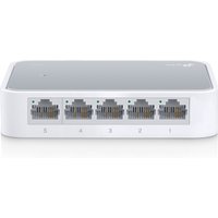 White TP-Link TL-SF1005D network switch with five Ethernet ports and a glossy top panel.