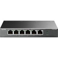 Black TP-Link TL-SF1006P network switch with six Ethernet ports and LED indicators on the front panel.