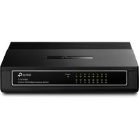 Black TP-Link TL-SF1016D network switch with 16 Fast Ethernet ports and LED indicators on front panel.