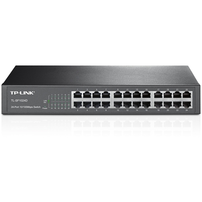 Grey TP-Link TL-SF1024D unmanaged network switch featuring 24 Ethernet ports, LED indicators for power and connectivity, and a sleek, durable design.