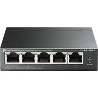 Black TP-Link TL-SG1005LP network switch with 5 Ethernet ports and PoE support, compact rectangular design.