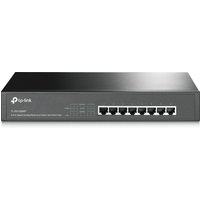 Black TP-Link TL-SG1008MP network switch with 8 Ethernet ports and LED indicators on the front panel.