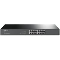 Black TP-Link TL-SG1016 network switch with 16 Ethernet ports and LED indicators on the front panel.