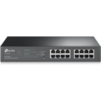 Black TP-Link TL-SG1016PE network switch with 16 Ethernet ports and LED indicators on front panel.