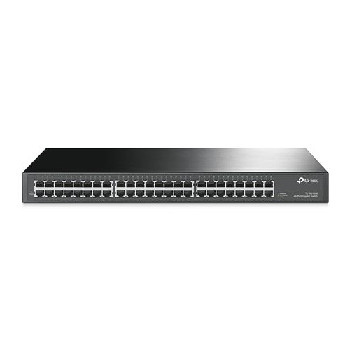 Black TP-Link TL-SG1048 unmanaged gigabit Ethernet network switch with 48 ports, featuring a sleek metal design and a 1U form factor for easy rack mounting.