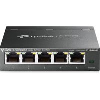 Black TP-Link TL-SG105E network switch with five Ethernet ports and LED indicators on front panel.