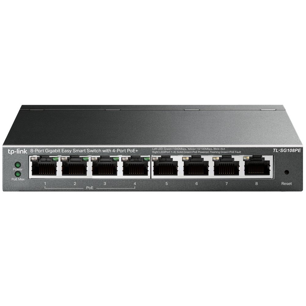 Black managed L2 gigabit Ethernet switch with eight ports, labeled 1 to 8, featuring four PoE+ ports, a reset button, and a sleek, compact design.