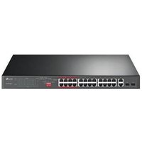 Black TP-Link 24-Port PoE switch with red accents, rack mountable, featuring multiple Ethernet ports and LED indicators.