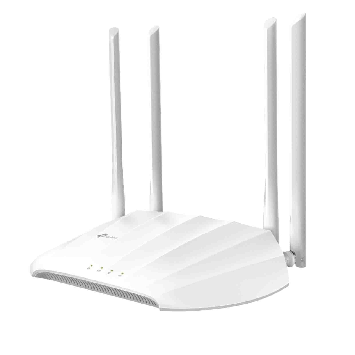 White TP-Link TL-WA1201 wireless access point with three external antennas, sleek design, and LED indicators, supporting 867 Mbit/s and Power Over Ethernet (PoE) functionality.