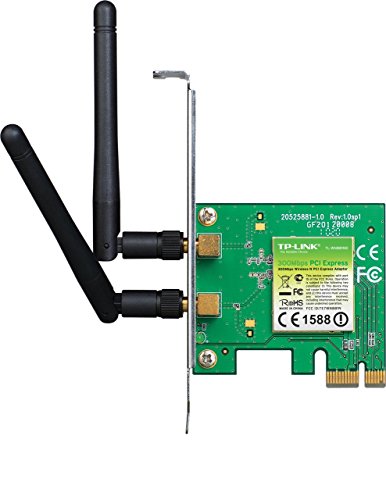 TP-Link TL-WN881ND internal network card with a green circuit board, two external antennas, and PCI Express connector, supporting WLAN speeds up to 300 Mbit/s.