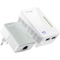 White TP-Link PowerLine adapter kit with Ethernet ports and LED indicators, compact design with plug attachment.