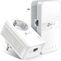 White TP-Link PowerLine adapter kit with Ethernet ports, plug sockets, and LED indicators.