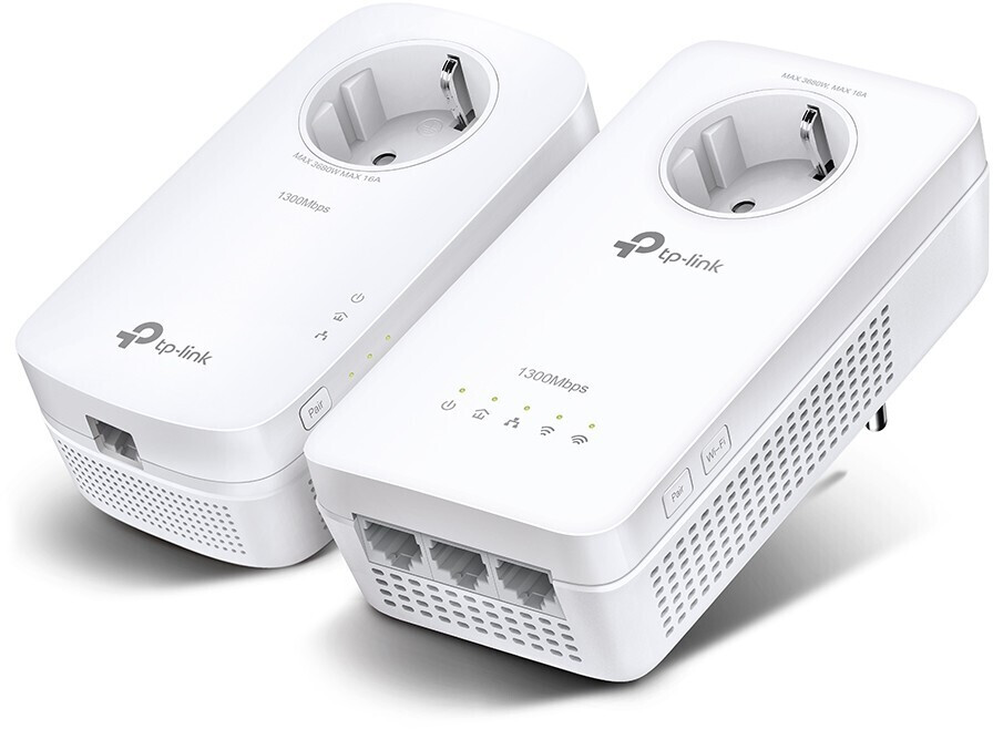 Two white TP-Link TL-WPA8631P PowerLine adapters, featuring power sockets, Ethernet ports, LED indicators, and a compact design for easy placement in home networks.