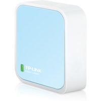 Compact TP-Link TL-WR802N wireless router with blue front panel and white edges, single-band 2.4 GHz.