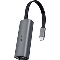 Gray TP-Link UE302C adapter with USB-C connector and RJ-45 port, sleek design with black cable.