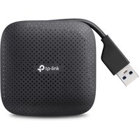 Black TP-Link USB 3.2 Gen 1 hub with four ports, compact square design, and attached USB Type-A cable.