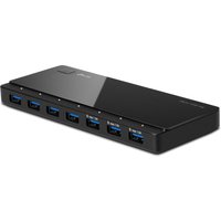 Black TP-Link USB hub with seven blue USB 3.2 Gen 1 ports and sleek rectangular design.