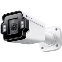 White TP-Link bullet IP security camera with black trim, wall-mounted, featuring dual LED lights and lens.