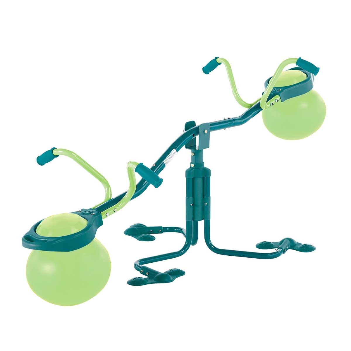 Green and teal TP Spiro Hop Seesaw features two large, round seats with safety grips, a sturdy metal frame, and a unique spinning mechanism for added fun.