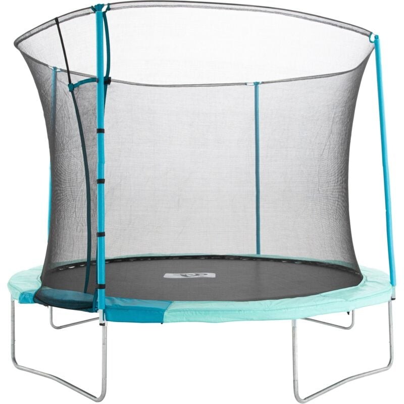 10ft round trampoline with a blue and teal padded edge, black jumping surface, and a safety net with an igloo-style entrance, supported by a silver metal frame.