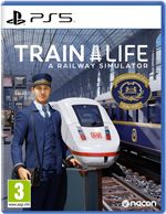 Cover art for "Train Life: a Railway Simulator" on PS5 featuring a train conductor beside a sleek, modern train in a station, with a blue and white color scheme and detailed graphics.