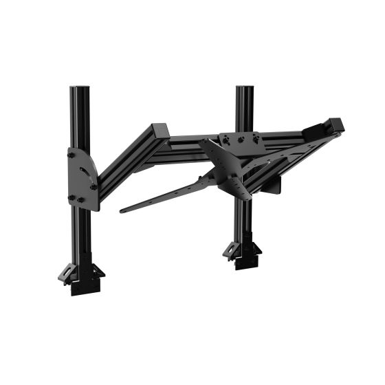 Black aluminum monitor stand with adjustable arms, designed for multiple screens, featuring sturdy base supports and a sleek, modern design.