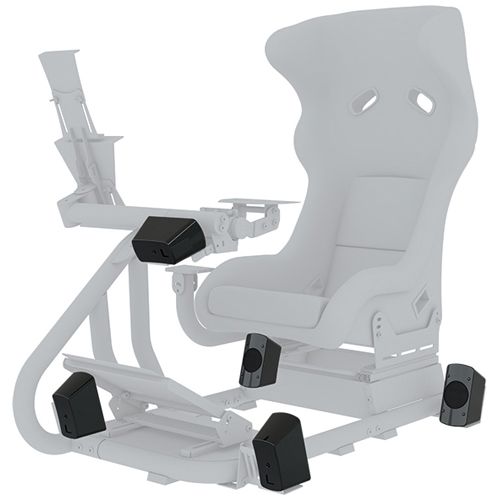 Five-piece speaker mount kit in black, designed for the Trak Racer RS6 cockpit, featuring sturdy brackets for secure speaker placement around a racing seat.