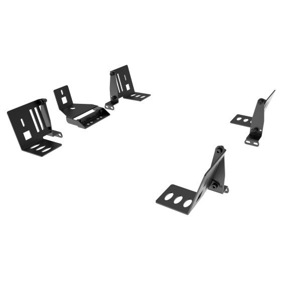 Black metal speaker mount upgrade kit featuring various brackets and plates designed for the Trak Racer Alpine Racing TRX cockpit, ensuring secure speaker attachment.