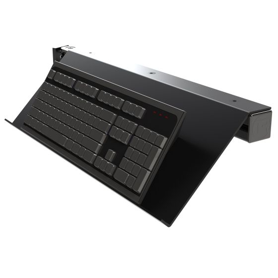 Adjustable black keyboard tray upgrade kit designed for Trak Racer TR160, TR120, and TR80 cockpits, featuring a sleek design and sturdy construction for enhanced gaming setup.