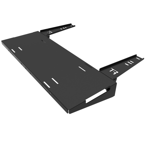 Black metal control box shelf designed for the Trak Racer TR8 PRO, featuring a flat surface and side brackets for secure attachment.