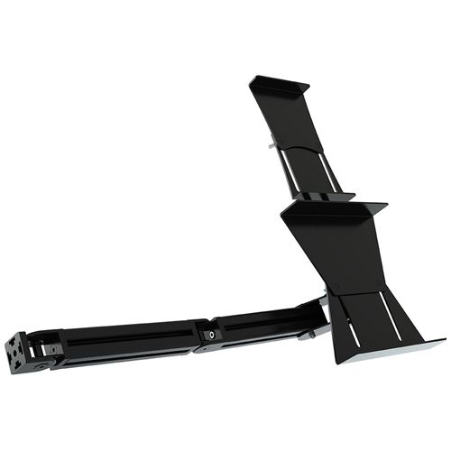 Black metal tablet and button box holder upgrade kit with adjustable arms and a sturdy design, featuring multiple mounting points for enhanced stability and versatility.