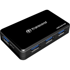 Black Transcend USB 3.0 4-port hub featuring four blue USB 3.0 ports, compact design, and a sleek finish for easy connectivity.