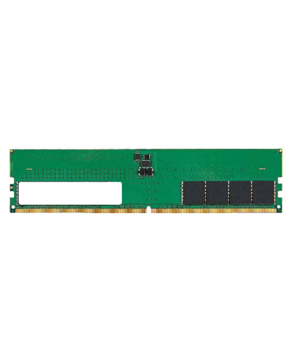 Transcend Long-DIMM Memory Module in green PCB, featuring 16GB DDR5 capacity, 4800MHz speed, with multiple black memory chips and a gold connector edge.