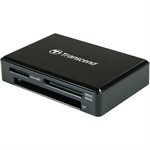 Black Transcend All-in-1 Multi Memory Card Reader featuring USB 3.1 Gen 1 and a reversible Type-C port, with multiple card slots for various memory formats.