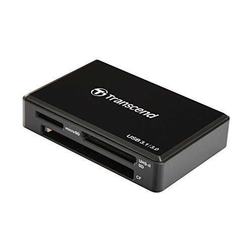 Black Transcend Multi-Card Reader featuring slots for MMC, Compact Flash, SD, and MicroSD, with a sleek, compact design and USB 3.1 connectivity.