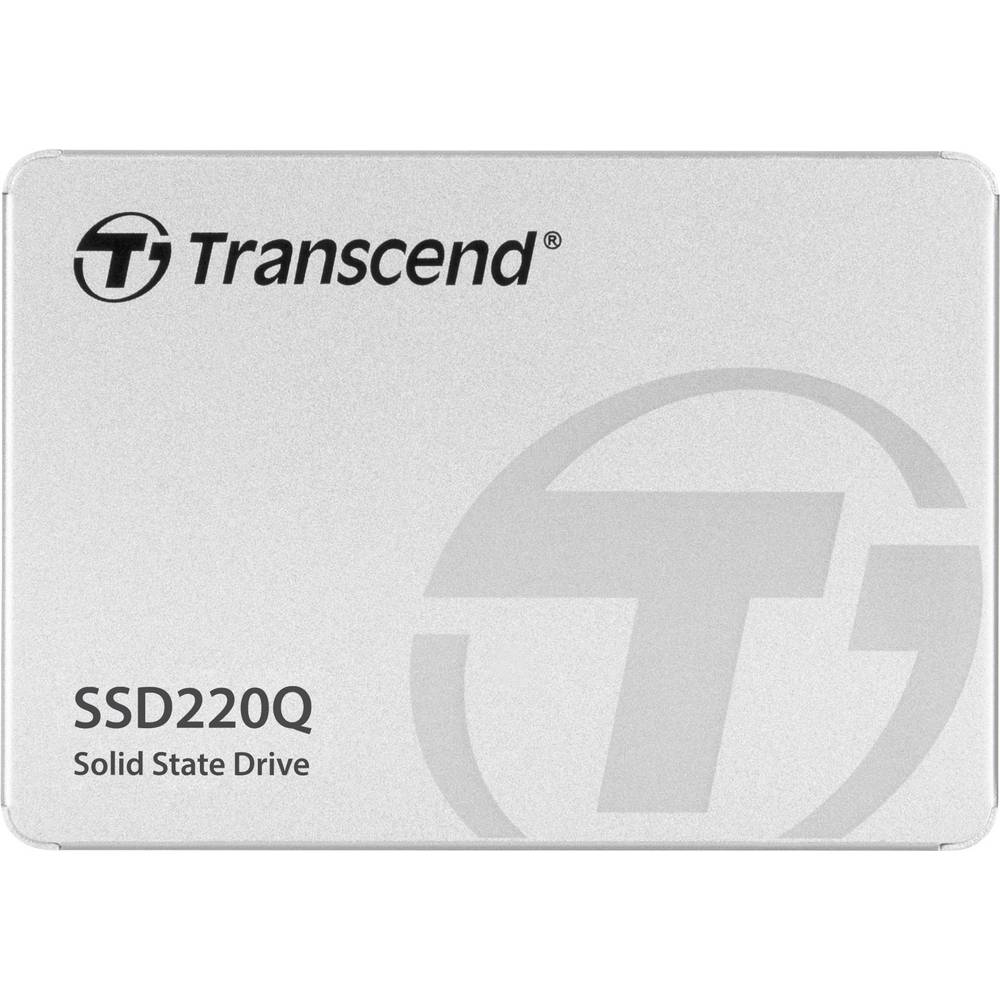 Silver Transcend SSD220Q solid state drive with a sleek, metallic finish, featuring the logo and model name on the front, designed for SATA III 6Gb/s connectivity and 500GB storage capacity.