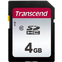 Transcend SDHC 300S 4GB card, black with red and white label, lock switch, and storage capacity printed in bold.