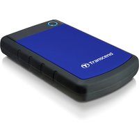 Blue Transcend StoreJet 25H3 1TB external hard drive with black rubber casing and rounded edges.