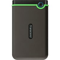 Gray Transcend StoreJet 25M3S 1TB external hard drive with green trim and rounded edges.